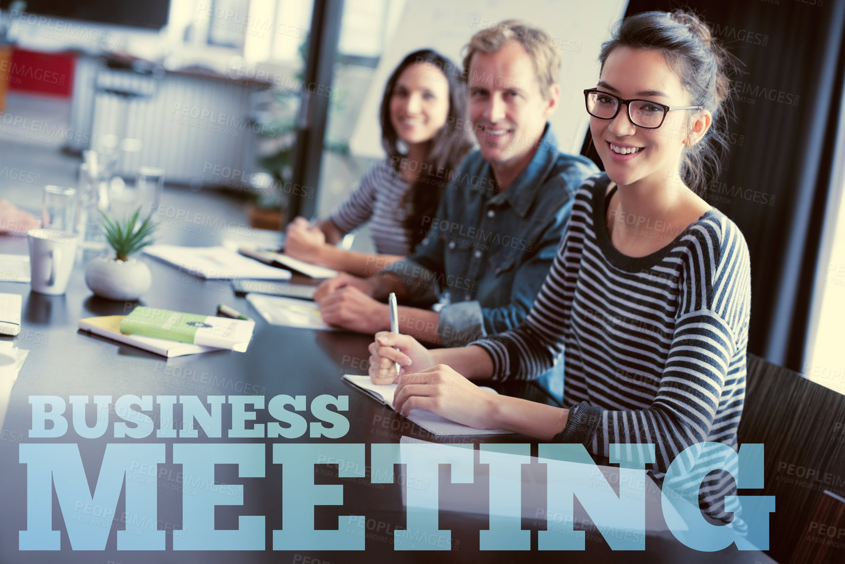 Buy stock photo Cropped portrait of people in a business meeting behind text