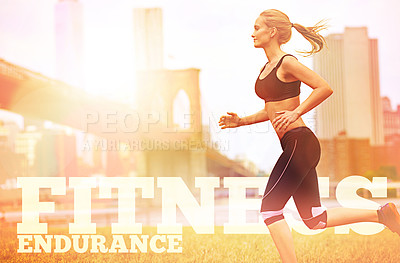 Buy stock photo Fitness, running and woman in city with words for cardio, health and endurance in outdoor training. Runner or jogger with exercise and progress, journey or getting in shape for summer in New York