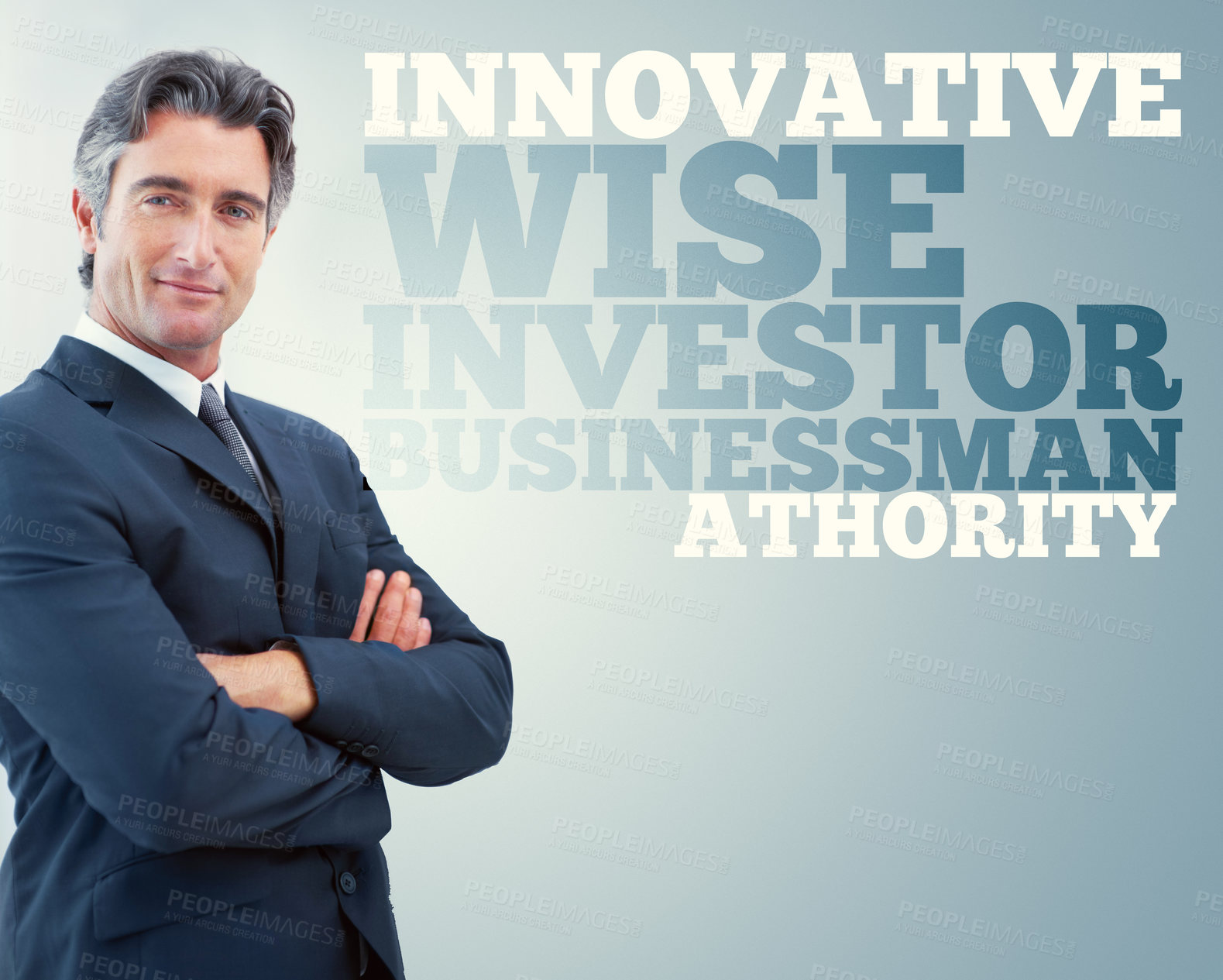 Buy stock photo Businessman, portrait and arms crossed with confidence with text for future goals, poster or finance. Male person, mature and face as corporate professional for investment deal, words or inspiration