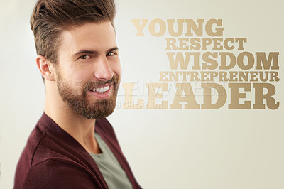Buy stock photo Happy, man and text overlay with business ideas from entrepreneur leader with wisdom and respect. Young, role model and words of inspiration for hard work in portrait of character or identity