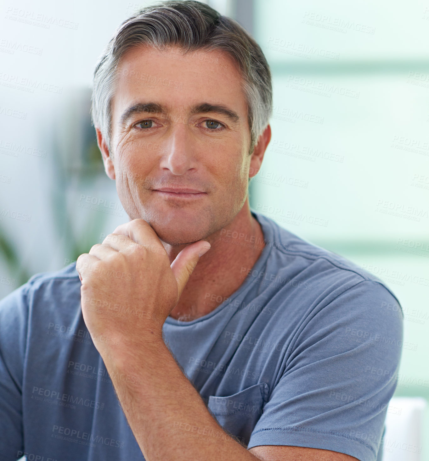 Buy stock photo Mature man, portrait and home with confidence and relax on the weekend with calm break. Smile, living room and person from France in morning with rest and comfort in lounge with wellness and day off