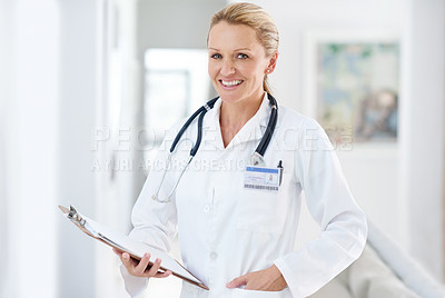 Buy stock photo Mature woman, doctor and medical portrait with hospital, healthcare and clinic professional with confidence. Cardiology, stethoscope and worker with happy and smile at ICU care job as surgeon