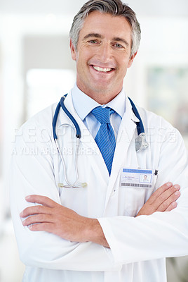 Buy stock photo Happy, medical and portrait of doctor with crossed arms in hospital with positive, confident and pride. Smile, healthcare and professional mature cardiology surgeon from Australia working in clinic.