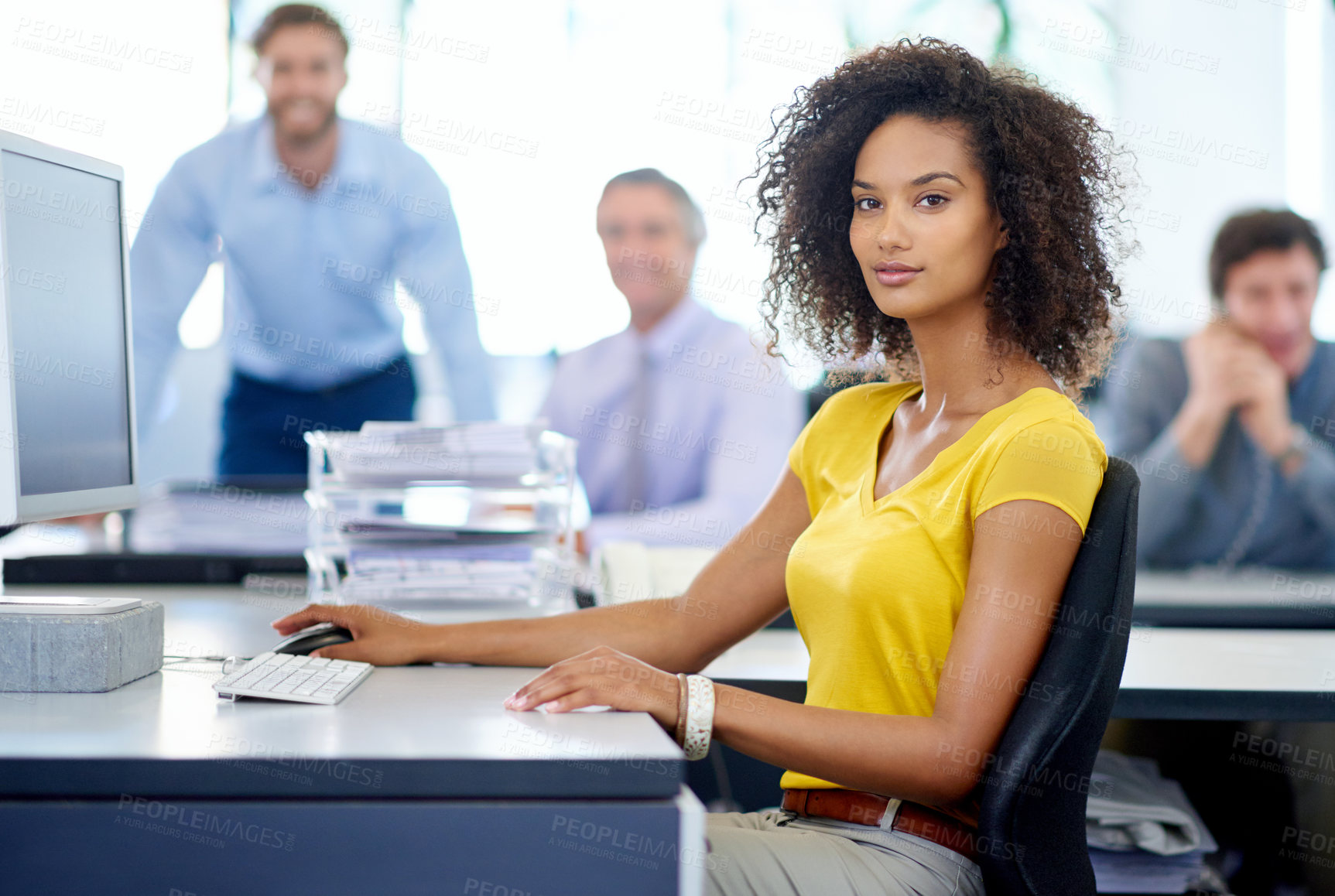 Buy stock photo Portrait, African woman and serious at office with computer on research for employment contracts as human resources. Female person, employee and confident with pride for job opportunity and growth
