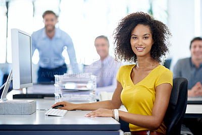 Buy stock photo Portrait of an attractive young businesswoman with her colleagues in the background