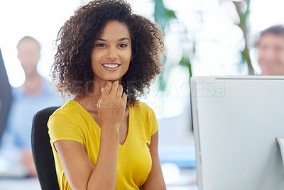 Buy stock photo Portrait of an attractive young businesswoman working at her office desk
