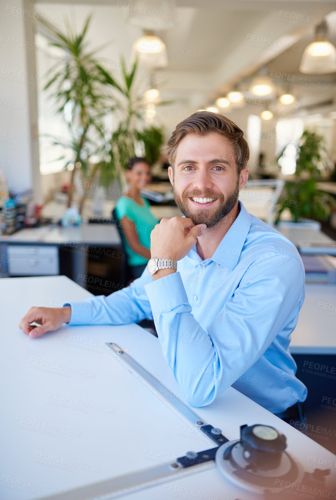 Buy stock photo Portrait, creative and man in office, smile and drafting table for architect, confident and professional. Proud, designer and person with desk for drawing, development and real estate in Canada