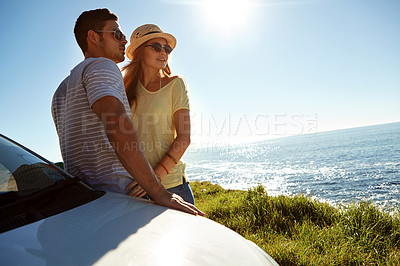 Buy stock photo Cropped shot of an affectionate young couple on a roadtrip