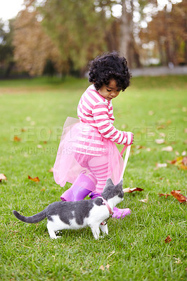 Buy stock photo Nature, cat and girl playing in a garden on the grass on a summer weekend together. Happy, sunshine and portrait of child walking and having fun with kitten or feline animal pet on lawn in a field.