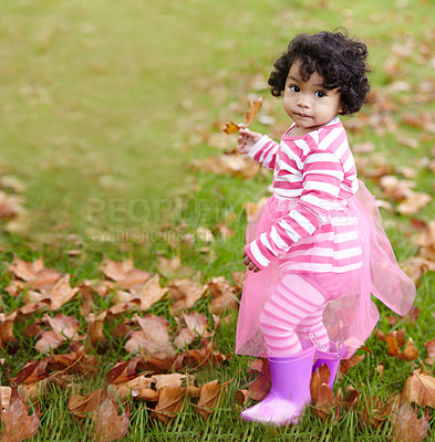 Buy stock photo Portrait, child and playing in tutu on grass with brown leaves in autumn. Face, adorable kid and curly hair with rain boots outside for development, education and learning of seasons in environment