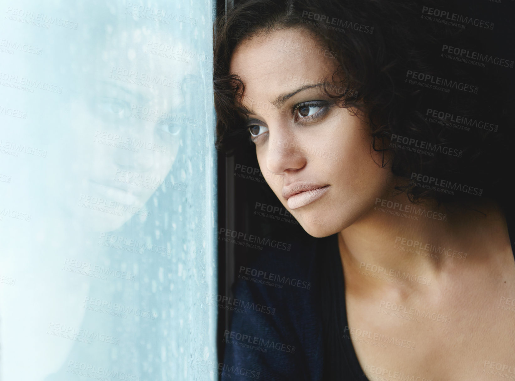 Buy stock photo Sad, rain and reflection with woman by window for depression, tired and lonely. Anxiety, mental health and exhausted with female thinking at home for broken heart, disappointed and fear mockup