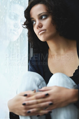 Buy stock photo Depression, rain and thinking with woman by window for sad, tired and lonely. Anxiety, mental health and exhausted with female contemplating at home for broken heart, disappointed and fear mockup