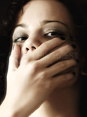 Buy stock photo Hands on the mouth, portrait and woman with anxiety, secret and abuse with trauma, mental health and silence. Face covered, female person or model with pain, awareness or victim with fear and problem