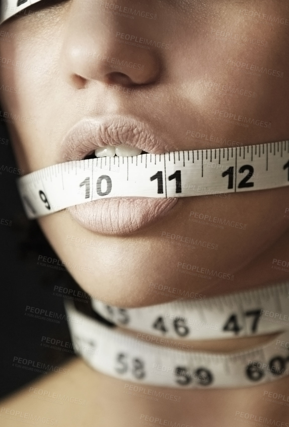 Buy stock photo Anorexia, measuring tape and suffering with mouth of woman for eating disorder, weight loss and fear. Diet, frustrated and mental health with closeup of female for anxiety, stress and bulimia problem