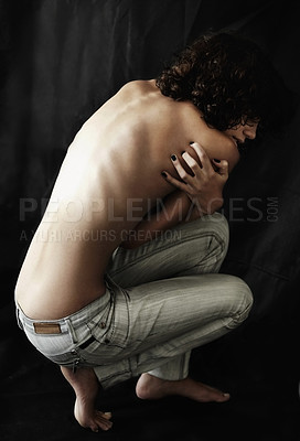 Buy stock photo Depression, anorexia and illness with a topless woman in studio on a dark background for health issue awareness. Body, bulimia or eating disorder and a young person suffering with mental health