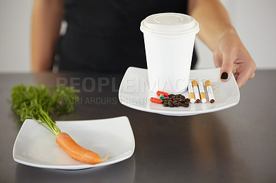 Buy stock photo Healthy choice, plate and woman unhealthy nutrition of coffee cup, cigarettes and pills. Anorexia, eating problem and person diet of caffeine, drugs and smoking not fresh or organic carrot decision
