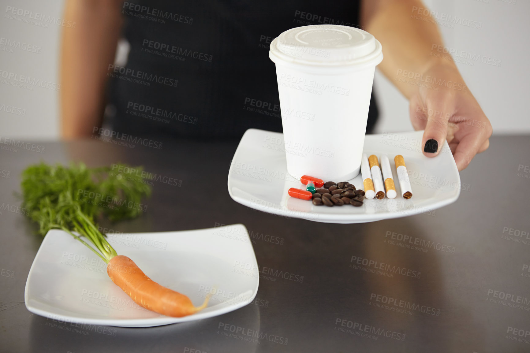 Buy stock photo Healthy choice, plate and woman unhealthy nutrition of coffee cup, cigarettes and pills. Anorexia, eating problem and person diet of caffeine, drugs and smoking not fresh or organic carrot decision
