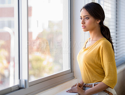 Buy stock photo Thinking, ideas and woman by window in office with memory, reflection or dreaming facial expression. Brainstorming, planning and young female person with problem solving face for project in workplace