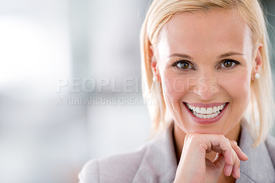 Buy stock photo Smile, portrait and business woman in office with positive, good and confident attitude. Happy, job and face of professional person with pride for corporate finance career in workplace with mockup.