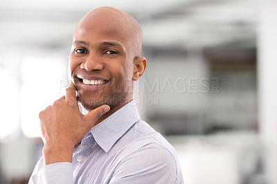 Buy stock photo Smile, portrait and African businessman in office with positive, good and confident attitude. Happy, vision and face of professional male person with pride for corporate finance career in workplace.