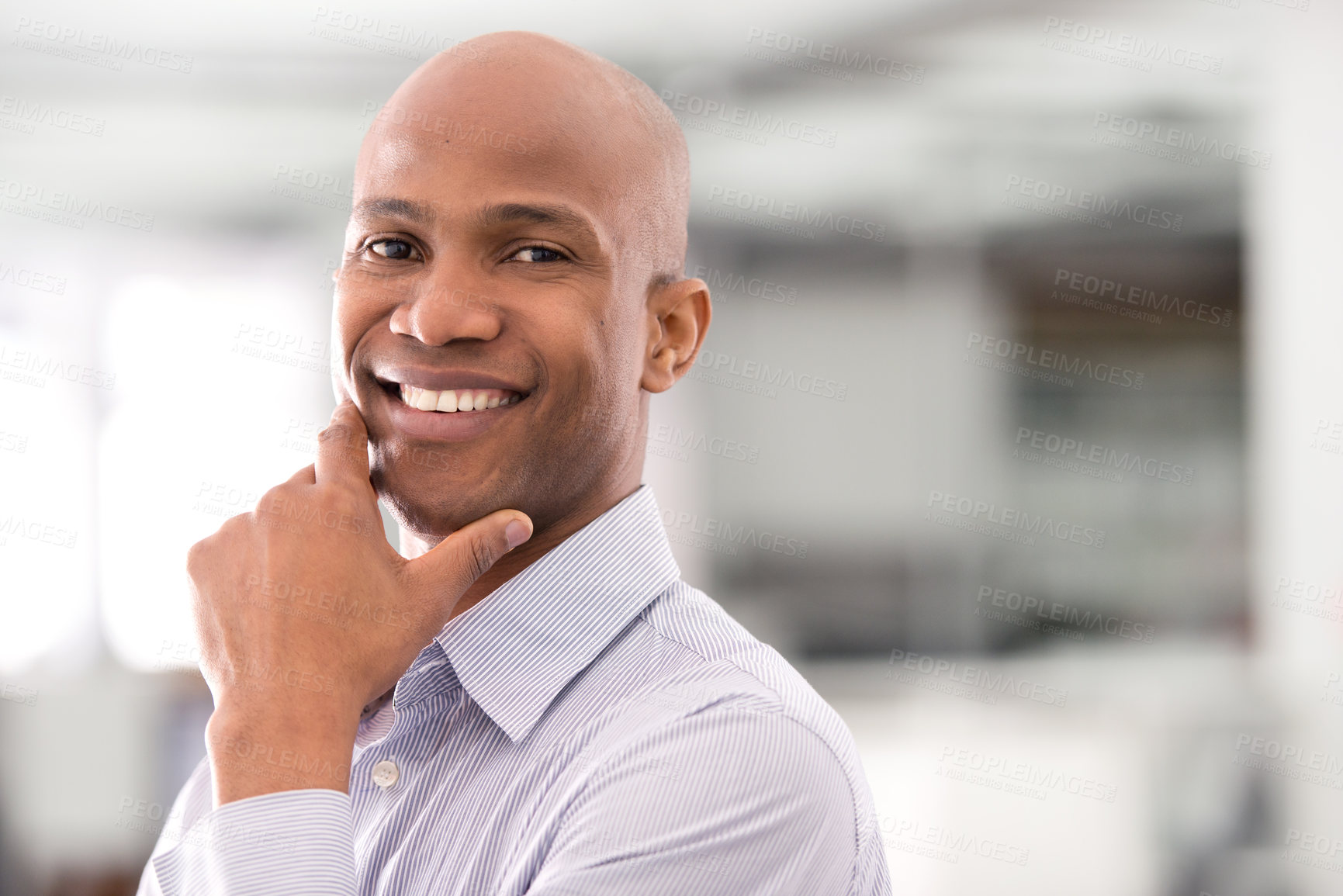 Buy stock photo Smile, portrait and African businessman in office with positive, good and confident attitude. Happy, vision and face of professional male person with pride for corporate finance career in workplace.