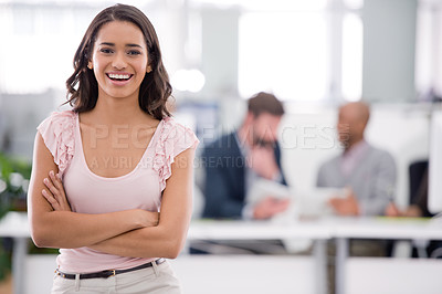 Buy stock photo Business, office and portrait of woman with pride, smile and career opportunity at startup. Confidence, happy or professional businesswoman with job in project management, development or consulting