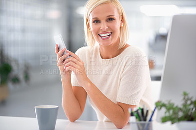 Buy stock photo Smile, cellphone and portrait of woman in office networking on social media, mobile app or internet. Happy, technology and female person reading online email or text message on a phone in workplace.