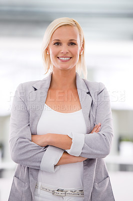 Buy stock photo Employee, portrait and woman with arms crossed, startup and agency with professional and PR consultant. Face, person and entrepreneur with pride and designer in a workplace with business or company