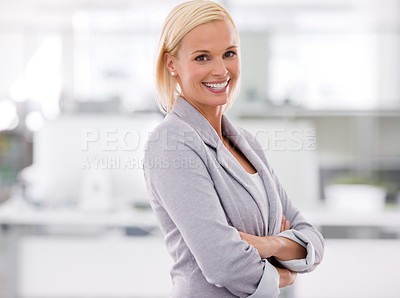 Buy stock photo Business, portrait and woman with arms crossed, professional and confidence with startup and PR consultant. Face, person and entrepreneur with pride and designer in a workplace with smile or company