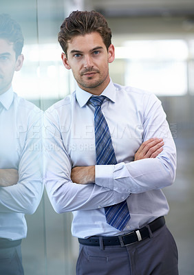 Buy stock photo Businessman, portrait and confident with arms crossed in office for professional career in finance, serious and pride. Entrepreneur, face of employee and relax with break and auditing at workplace