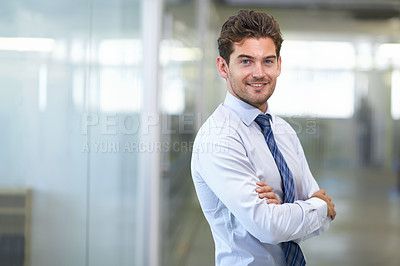 Buy stock photo Businessman, portrait and office for formal, smile and professional financial accountant. Male person, arms crossed and confident for ambition, startup and entrepreneur for career and workspace