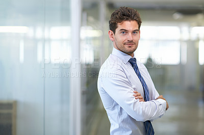 Buy stock photo Businessman, portrait and smile with arms crossed in office for professional career in finance, confidence and pride. Entrepreneur, face of employee and happy for relax, break or mockup space at work