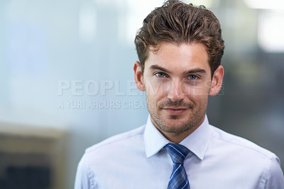 Buy stock photo Man, business and portrait smile in office for entrepreneurship, career and growth for corporate enterprise work. Professional businessman, confidence and employee for agency, company and workplace