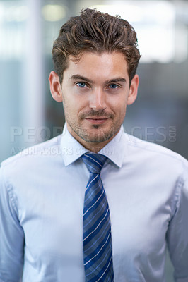 Buy stock photo Businessman, portrait and office for formal, professional and confident financial advisor. Male person, formal and smile for ambition, startup and entrepreneur for career and project occupation 