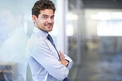 Buy stock photo Businessman, portrait and smile with arms crossed in office for professional career in finance, confidence and pride. Entrepreneur, face of employee and happy for relax, break or mockup space at work