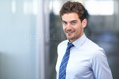 Buy stock photo Entrepreneur, man and smile at office with confidence,  happy and satisfied with company growth and progress. Businessman, business development and startup with commitment for career and opportunity.