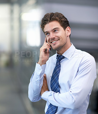 Buy stock photo Businessman, phone call and communication or talking, networking and discussion on technology. Male person, b2b and mobile app for conversation or consulting, planning and connection in workplace