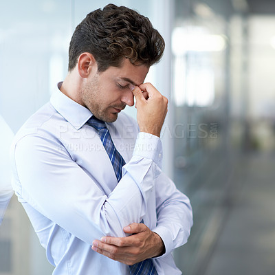 Buy stock photo Headache, fatigue and business man with stress, burnout and anxiety for financial crisis in office. Frustrated, depression and serious professional with pain, sick and fail challenge with mistake