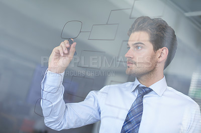 Buy stock photo Businessman, writing and glass or brainstorming or mindmap for startup company, ideas or drawing. Male person, marker and notes for corporate strategy or problem solving, research or project planning