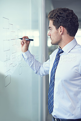 Buy stock photo Businessman, writing and glass or mind map with planning for startup goals or company, ideas or drawing. Male person, marker and notes for corporate strategy or problem solving, solution or project