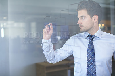 Buy stock photo Glass wall, mindmap and businessman with drawing for brainstorming, strategy and idea on mockup. Professional man, vision and thinking with flowchart for analysis, problem solving and planning