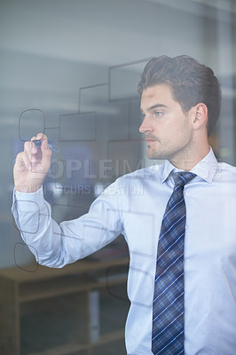 Buy stock photo Businessman, idea and mindmap on glass wall for strategy, thinking and planning in office. Innovation, vision and professional man with illustration for brainstorming, analysis and problem solving