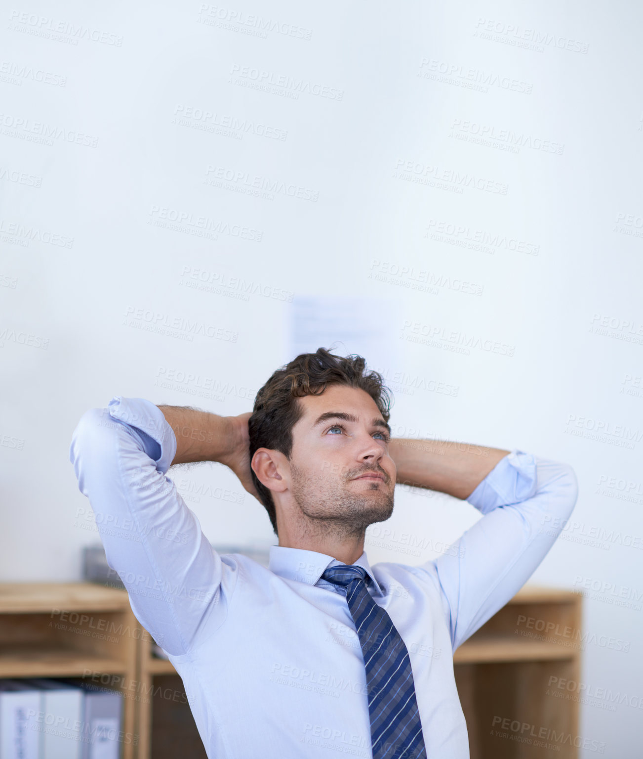 Buy stock photo Business, man and relax in workplace with thinking of project ideas, stretching or daydreaming at corporate job. Entrepreneur, employee or thoughtful person at work desk with contemplating or wonder 