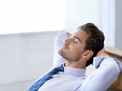 Buy stock photo Man, eyes closed and calm breathing in office for stress management, relief and balance for peace while working. Businessman, relax and moment in workplace for wellness break for corporate work