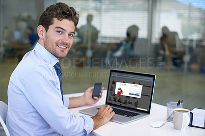 Buy stock photo Businessman, laptop and screen with office, portrait and technology for communication. Web designer, startup and company with computer, phone and employee for online workspace with creative website