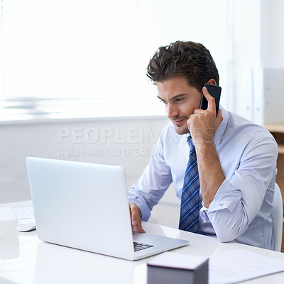 Buy stock photo Businessman, office and laptop in phone call for meeting with client for consultation, update and negotiate terms. Feedback, agreement and discussion with stakeholder for project plan and strategy