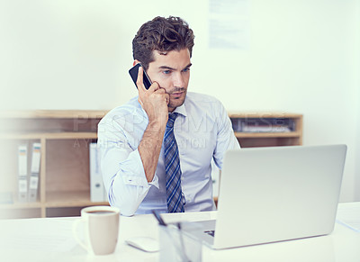 Buy stock photo Man, phone call and laptop in office for conversation with internet search for client loan, discussion or deal. Male person, cellphone and talking in New York for planning, investment or connection