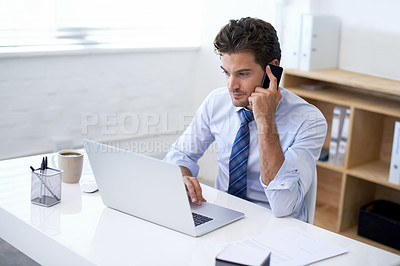 Buy stock photo Businessman, working and laptop in phone call with client for feedback and update to discuss terms. Consultation, corporate and progress report stakeholder for project, plan and company growth