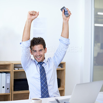 Buy stock photo Businessman, portrait and celebration for good news or achievement or opportunity, deal or promotion. Male person, face and arms up at laptop as financial consultant or win, congratulations or target