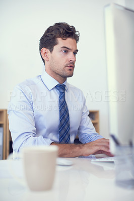 Buy stock photo Business, office and man with a computer, typing and internet with planning and online reading. Person, accountant and financial adviser with a pc or connection with company website or trading news